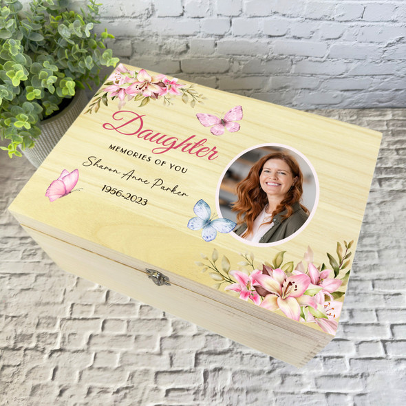 Daughter Pink Butterflies Photo Frame Memorial Personalised Wooden Keepsake Box