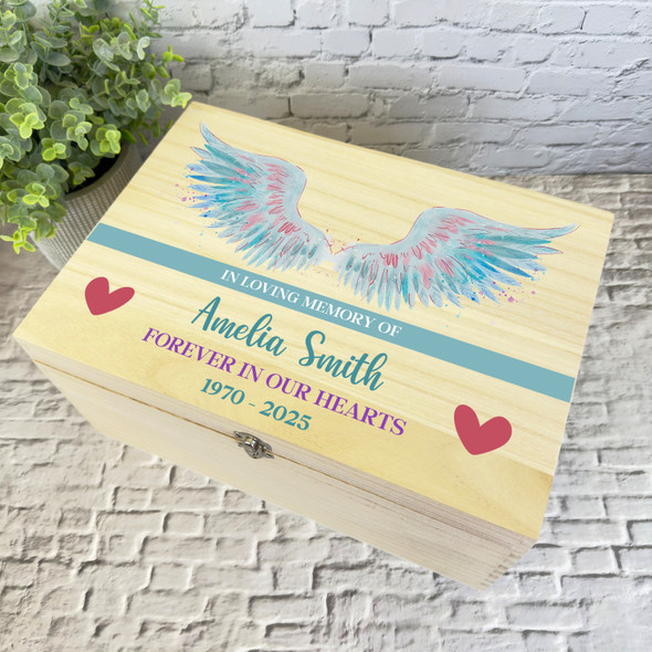 Angel Wings Blue In Loving Memory Memorial Personalised Wooden Keepsake Box