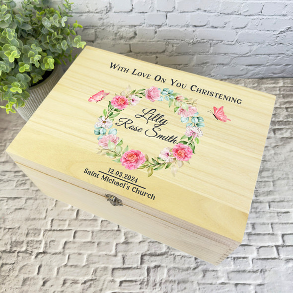 Pink Blue Floral Wreath Butterflies Christening Personalised Wooden Keepsake Box