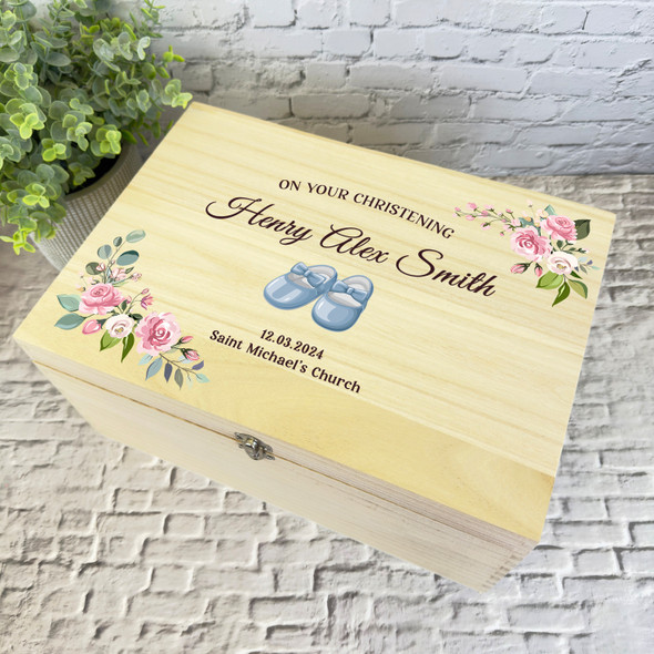 Floral Pink Blue Baby Shoes Christening Personalised Wooden Memory Keepsake Box