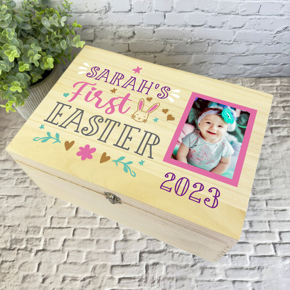 Pink Baby Girl First Easter Photo Hamper Gift Personalised Wooden Keepsake Box