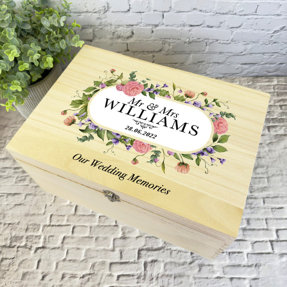 Watercolour Pink And Purple Floral Wedding Day Personalised Wooden Keepsake Box