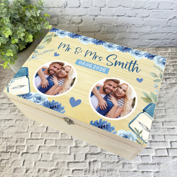 Wedding Day Memories Blue Flowers Photo Personalised Wooden Memory Keepsake Box