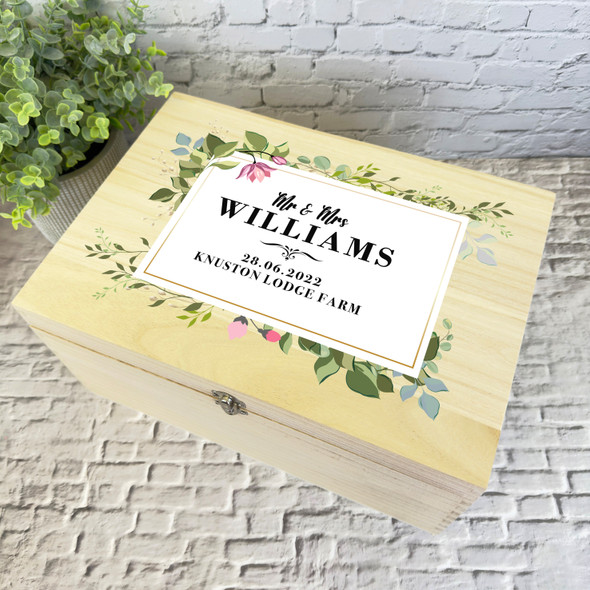 Green Leaves Floral Wedding Day Personalised Storage Wooden Memory Keepsake Box