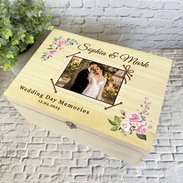 Pink Vintage Photo Frame Memories Wedding Day Personalised Wooden Keepsake Box