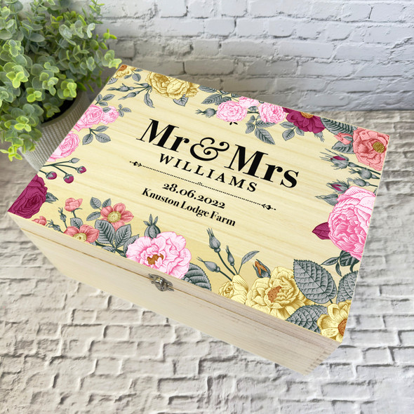 Retro Yellow Pink Floral Mr & Mrs Wedding Day Personalised Wooden Keepsake Box