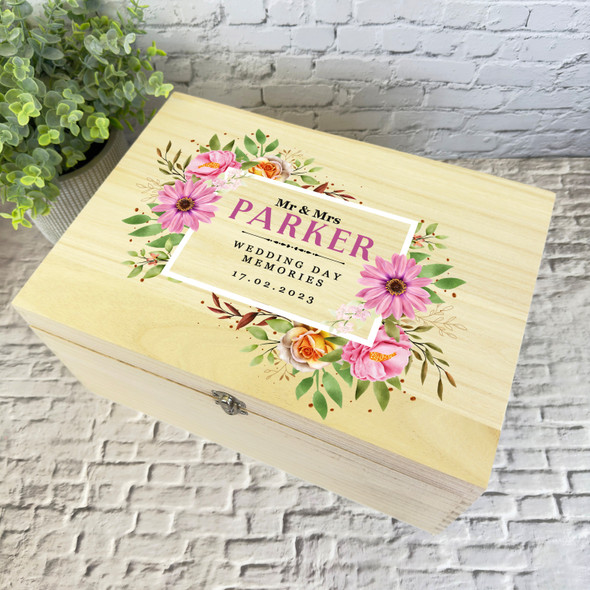 Pink Watercolour Floral Memories Wedding Day Personalised Wooden Keepsake Box