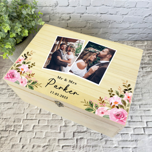 Watercolour Pink Photos Wedding Day Memories Personalised Wooden Keepsake Box