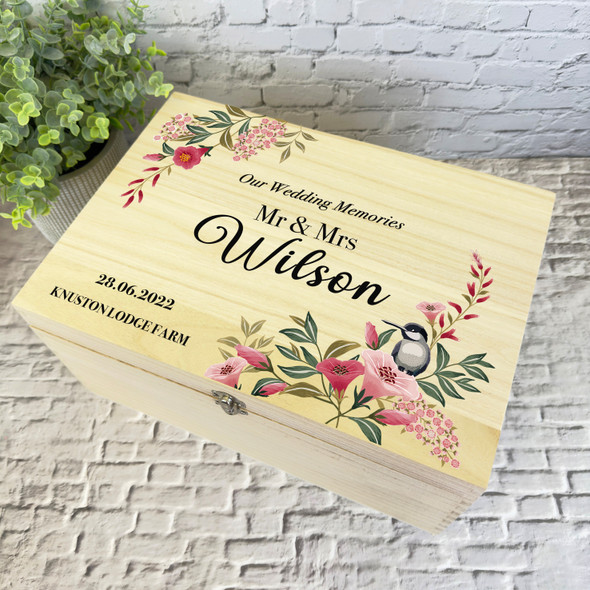 Bird Pink Floral Memories Wedding Day Personalised Wooden Memory Keepsake Box