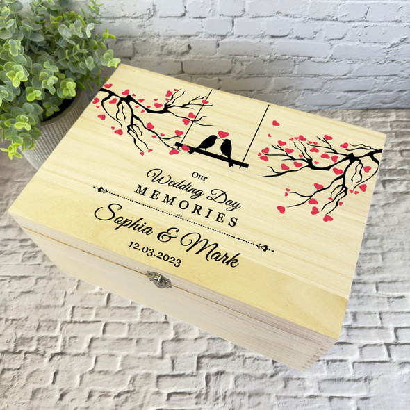 Swing Birds Love Heart Memories Wedding Day Personalised Wooden Keepsake Box