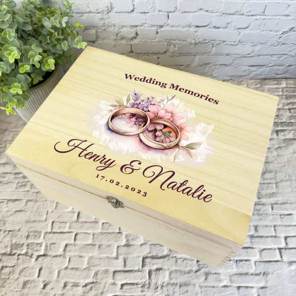 Watercolour White Wedding Rings Wedding Day Personalised Wooden Keepsake Box