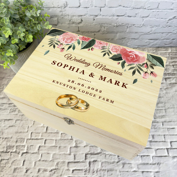 Watercolour Pink Wedding Rings Wedding Day Personalised Wooden Keepsake Box