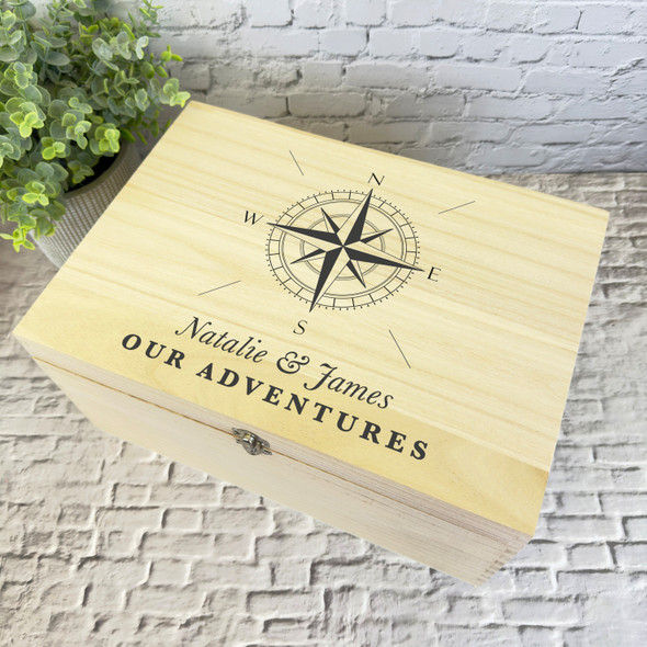 Compass Our Adventures Travelling Couple Personalised Wooden Memory Keepsake Box