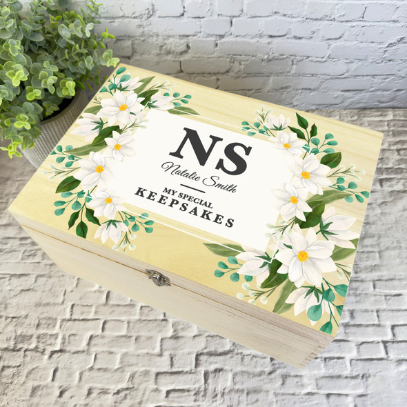 White Watercolour Floral Special Personalised Storage Wooden Memory Keepsake Box