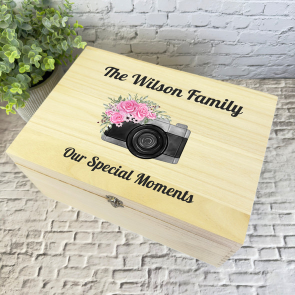 Watercolour Floral Photo Camera Photos Personalised Wooden Keepsake Storage Box