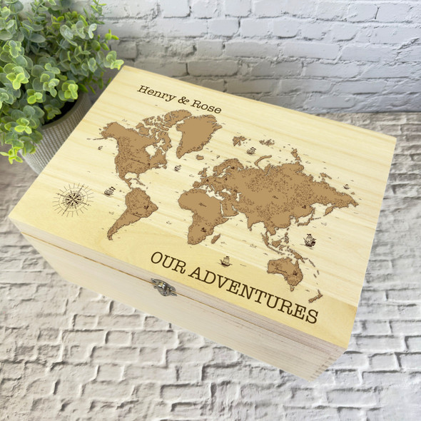 Retro World Map Our Adventures Couple Travels Personalised Wooden Keepsake Box