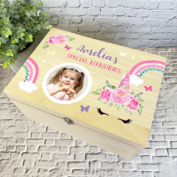 Unicorn Butterfly Special Memories Girl Photo Personalised Wooden Keepsake Box