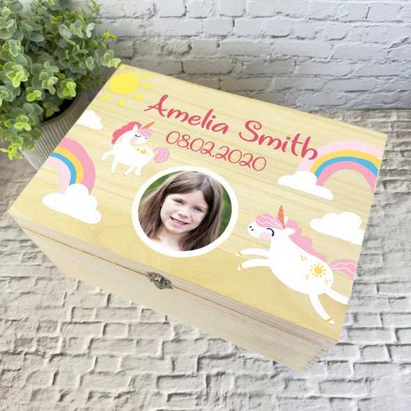 Girl Unicorn Rainbow Keepsake Memories Photo Personalised Wooden Keepsake Box