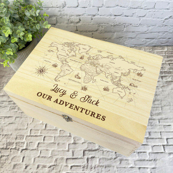 World Map Our Adventures Travelling Personalised Wooden Keepsake Storage Box