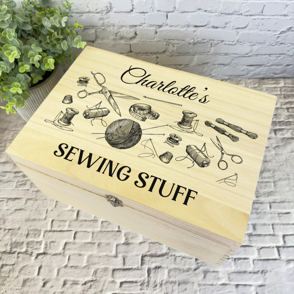 Retro Sewing Accessories Personalised Wooden Keepsake Storage Box