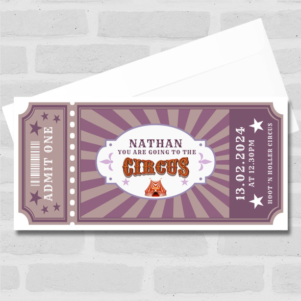 Purple Red Tent Going To The Circus Personalised Surprise Ticket Gift Voucher