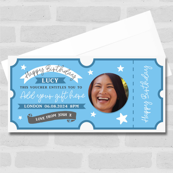 Happy Birthday Gift Blue Star Photo Personalised Surprise Ticket Gift Voucher