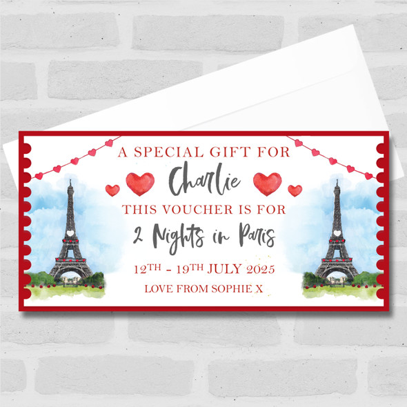 Watercolour Paris Break Red Special Personalised Surprise Ticket Gift Voucher