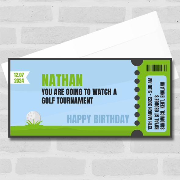 Golf Gift Going To Golf Tournament Personalised Surprise Ticket Gift Voucher