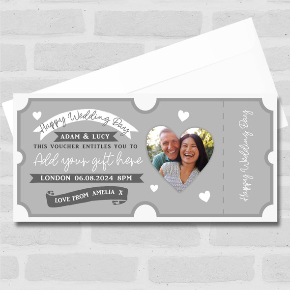 Happy Wedding Day Grey Heart Photo Personalised Surprise Ticket Gift Voucher