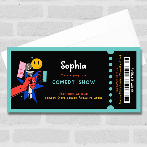 Microphone Going To A Comedy Show Personalised Surprise Ticket Gift Voucher