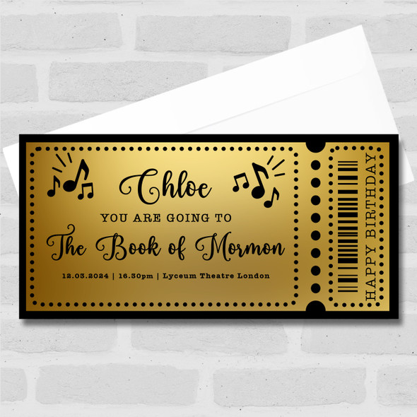 Gold Music Notes Any Show Gift Personalised Surprise Ticket Gift Voucher