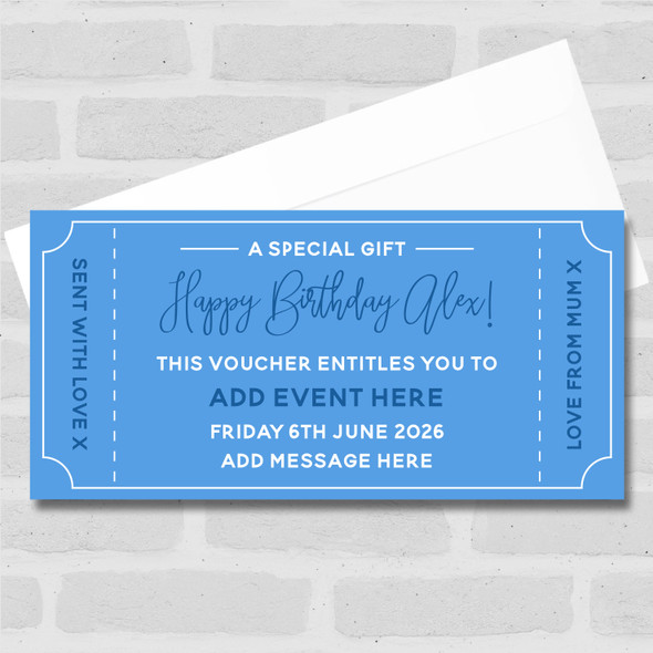 Happy Birthday Any Event Blue Personalised Surprise Ticket Gift Voucher