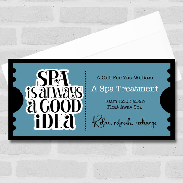 Blue Spa Treatment Spa Day Personalised Surprise Ticket Gift Voucher