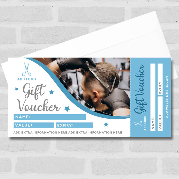 Barber Barbershop Hairdresser Blue Any Details Perforated Business Gift Voucher