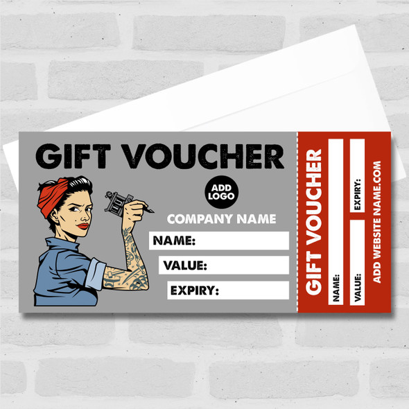 Tattoo Studio Woman Red Black Any Details Perforated Business Gift Voucher