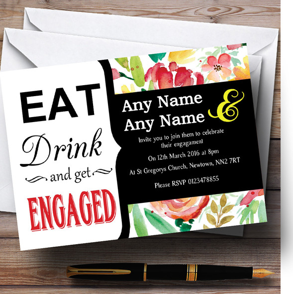 Eat Drink Pink Yellow Watercolour Flowers Customised Engagement Party Invitations