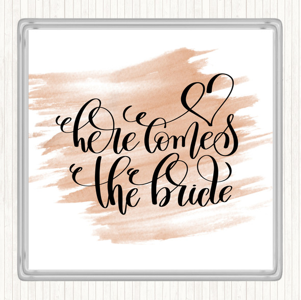 Watercolour Here Comes The Bride Quote Coaster