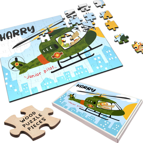 Crocodile Pilot Helicopter Children's Kids Gift Personalised Wood Jigsaw Puzzle