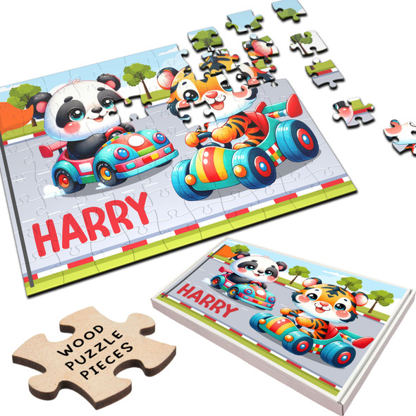 Cute Tiger Panda Racing Cars Kids Gift Boys Personalised Wooden Jigsaw Puzzle