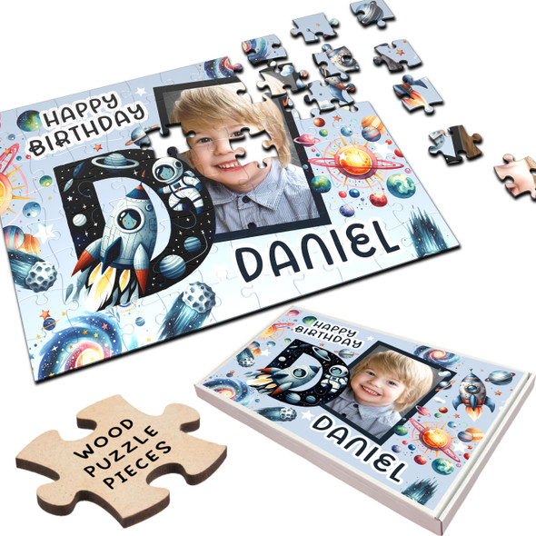 Kids Birthday Gift Boy Space Letter D Photo Personalised Wooden Jigsaw Puzzle