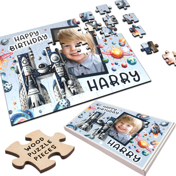 Kids Birthday Gift Boy Space Letter H Photo Personalised Wooden Jigsaw Puzzle