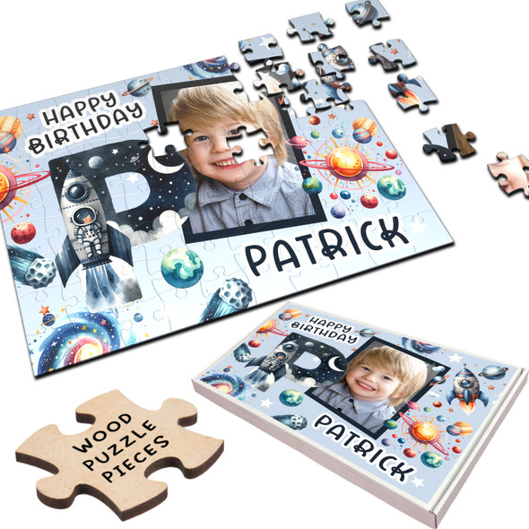 Kids Birthday Gift Boy Space Letter P Photo Personalised Wooden Jigsaw Puzzle