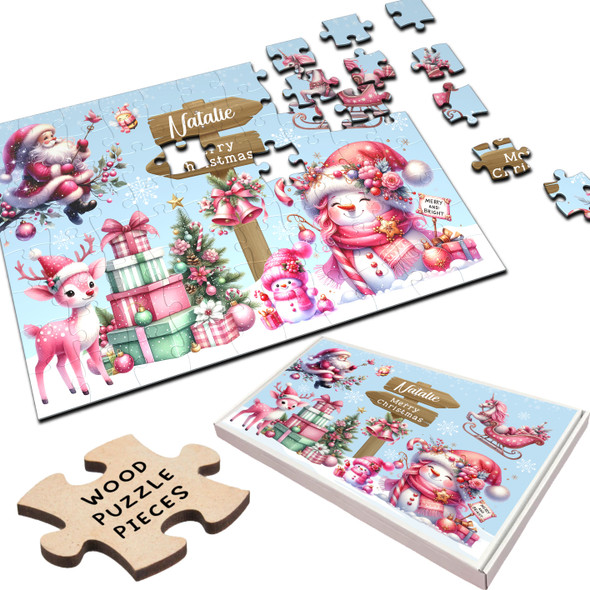 Pink Festive Kids Christmas Gift For Girls Personalised Wooden Jigsaw Puzzle