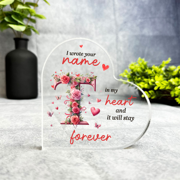 Romantic Gift Floral Initial T Keepsake Side Heart Ornament Plaque