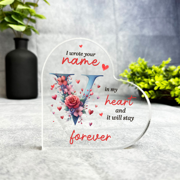 Romantic Gift Floral Initial V Keepsake Side Heart Ornament Plaque