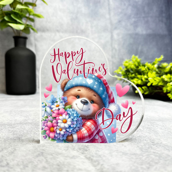 Valentine's Day Gift Bear With Flowers Keepsake Side Heart Ornament Plaque