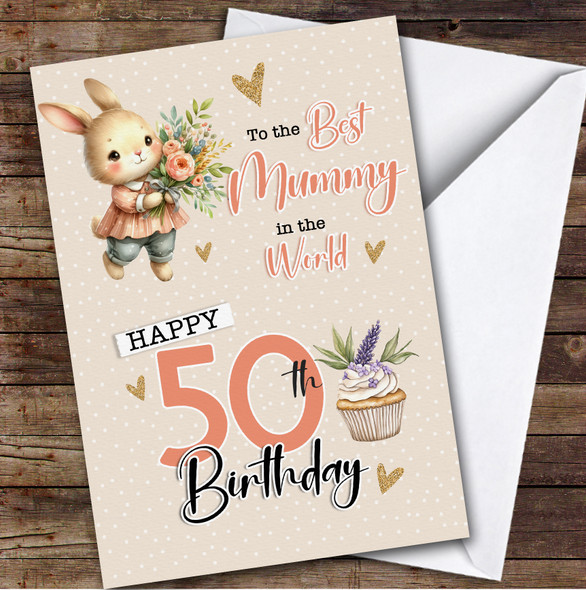 Personalised Mummy 50th Birthday Card Bunny With Flowers
