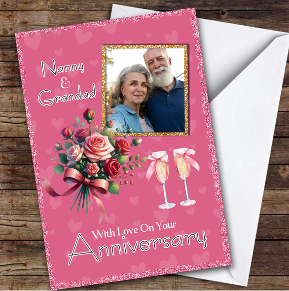 Personalised Anniversary Card For Nanny & Grandad Roses With Champagne Photo