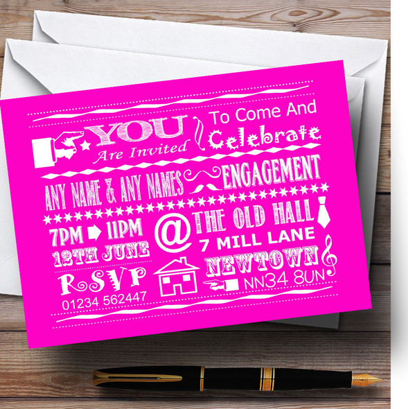 Cool Vintage Fun Chalk Typography Hot Pink Customised Engagement Party Invitations