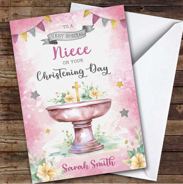 Personalised Christening Day Card For Niece Cross Font Pink